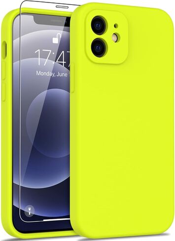 DEENAKIN Compatible with iPhone 12 Case with Screen Protector - Silky Silicone - Enhanced Camera Cover - 16ft Drop Tested - Slim Fit Protective Phone Case for Men Women Girls 6.1" - Black in Saudi Arabia