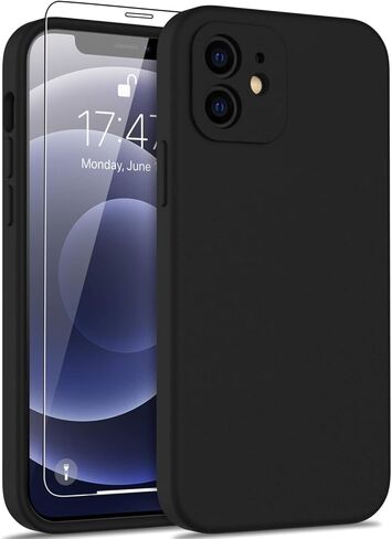 DEENAKIN Compatible with iPhone 12 Case with Screen Protector - Silky Silicone - Enhanced Camera Cover - 16ft Drop Tested - Slim Fit Protective Phone Case for Men Women Girls 6.1" - Black in Saudi Arabia