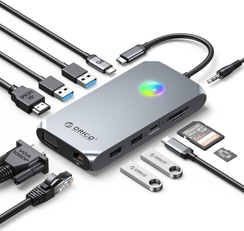 Docking Station USB C to Dual HDMI Adapter, ORICO 12 in 1 RGB USB C Hub with Dual HDMI, VGA, 100W PD, Ethernet, 4 USB Ports, SD/TF, Audio, 14 RGB Lighting Modes, Compatible for Windows/Mac OS（Grey） in Saudi Arabia