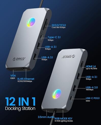 Docking Station USB C to Dual HDMI Adapter, ORICO 12 in 1 RGB USB C Hub with Dual HDMI, VGA, 100W PD, Ethernet, 4 USB Ports, SD/TF, Audio, 14 RGB Lighting Modes, Compatible for Windows/Mac OS（Grey） in Saudi Arabia
