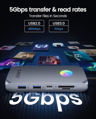 Docking Station USB C to Dual HDMI Adapter, ORICO 12 in 1 RGB USB C Hub with Dual HDMI, VGA, 100W PD, Ethernet, 4 USB Ports, SD/TF, Audio, 14 RGB Lighting Modes, Compatible for Windows/Mac OS（Grey） in Saudi Arabia