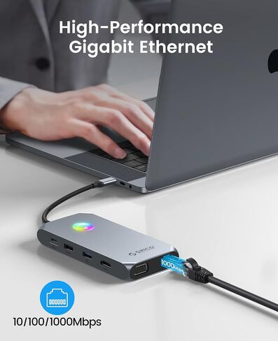 Docking Station USB C to Dual HDMI Adapter, ORICO 12 in 1 RGB USB C Hub with Dual HDMI, VGA, 100W PD, Ethernet, 4 USB Ports, SD/TF, Audio, 14 RGB Lighting Modes, Compatible for Windows/Mac OS（Grey） in Saudi Arabia