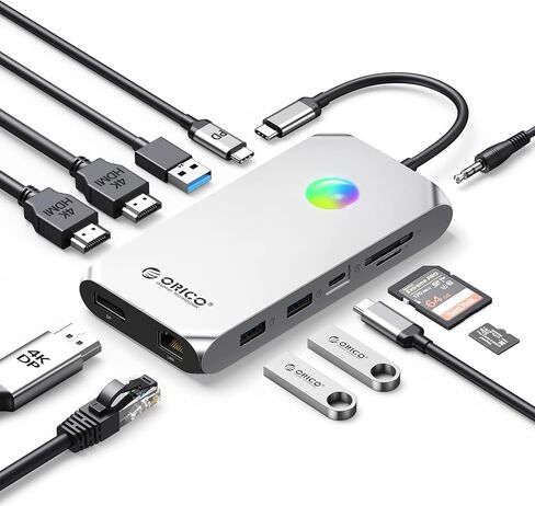 Docking Station USB C to Dual HDMI Adapter, ORICO 12 in 1 RGB USB C Hub with Dual HDMI, VGA, 100W PD, Ethernet, 4 USB Ports, SD/TF, Audio, 14 RGB Lighting Modes, Compatible for Windows/Mac OS（Grey） in Saudi Arabia