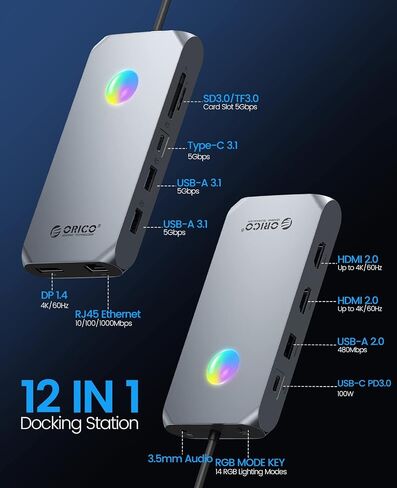 Docking Station USB C to Dual HDMI Adapter, ORICO 12 in 1 RGB USB C Hub with Dual HDMI, VGA, 100W PD, Ethernet, 4 USB Ports, SD/TF, Audio, 14 RGB Lighting Modes, Compatible for Windows/Mac OS（Grey） in Saudi Arabia