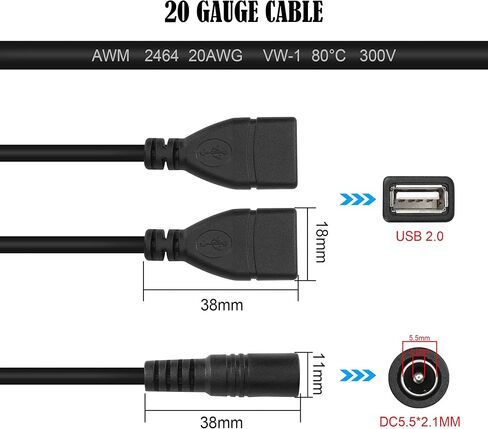 GINTOOYUN 2 Pcs DC5521 to USB Y Splitter Power Cord DC5.5mm x 2.1mm Female to Dual USB2.0 Female 20AWG Power Cord for Laptop, Small Fan, Printer, Camcorder, etc（16 Inch in Saudi Arabia