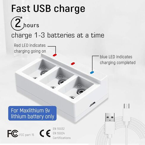9v Rechargeable Batteries, Lithium-ion 9 Volt Battery Capacity 800mAh 7200mWh,3 Pack with Quick Charger in Kuwait