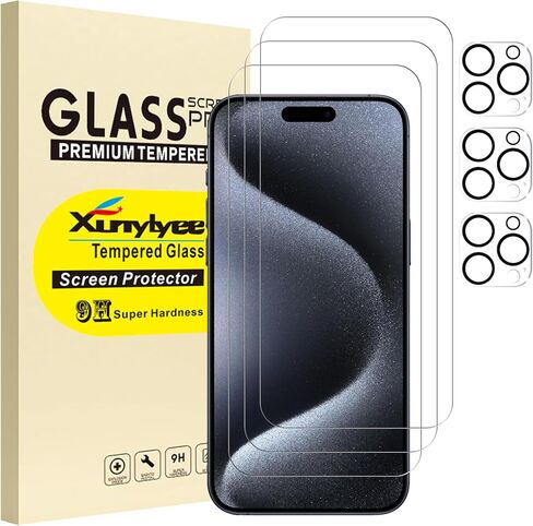 3 عبوات واقي شاشة لهاتف iPhone 15 Pro Max 6.7 بوصة + 3 عبوات واقي عدسة الكاميرا فيلم زجاجي مقسى in Kuwait