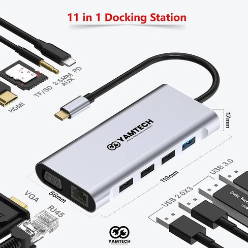 محطة إرساء مزدوجة الشاشة، YAMTECH 11 في 1 USB C محطة إرساء شاشة مزدوجة، محول شاشة مزدوج مع 4K، VGA، إيثرنت، 4USB، 100W PD، قاعدة USB C لجهاز MacBook Pro/Air HP Elitebook Lenovo Thinkpad in Saudi Arabia