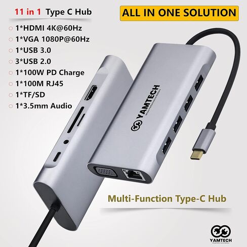 محطة إرساء مزدوجة الشاشة، YAMTECH 11 في 1 USB C محطة إرساء شاشة مزدوجة، محول شاشة مزدوج مع 4K، VGA، إيثرنت، 4USB، 100W PD، قاعدة USB C لجهاز MacBook Pro/Air HP Elitebook Lenovo Thinkpad in Saudi Arabia