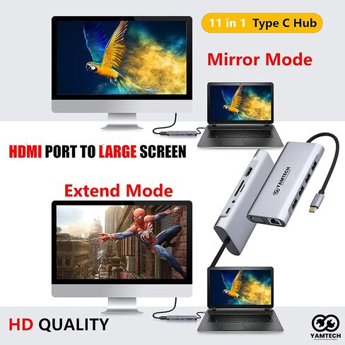 محطة إرساء مزدوجة الشاشة، YAMTECH 11 في 1 USB C محطة إرساء شاشة مزدوجة، محول شاشة مزدوج مع 4K، VGA، إيثرنت، 4USB، 100W PD، قاعدة USB C لجهاز MacBook Pro/Air HP Elitebook Lenovo Thinkpad in Saudi Arabia