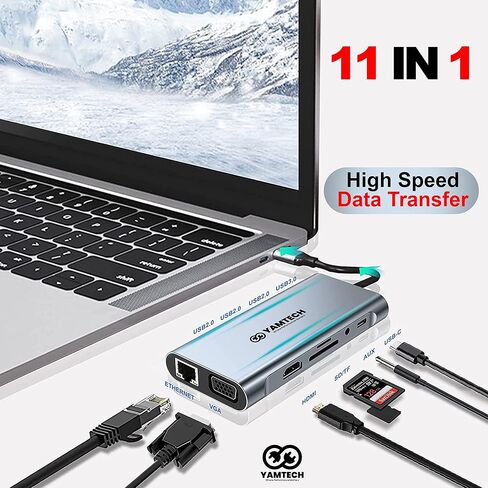 محطة إرساء مزدوجة الشاشة، YAMTECH 11 في 1 USB C محطة إرساء شاشة مزدوجة، محول شاشة مزدوج مع 4K، VGA، إيثرنت، 4USB، 100W PD، قاعدة USB C لجهاز MacBook Pro/Air HP Elitebook Lenovo Thinkpad in Saudi Arabia