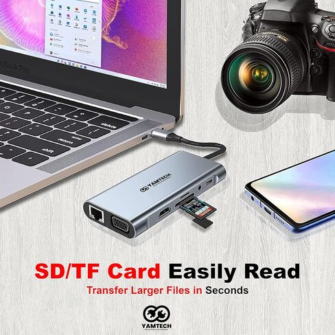 محطة إرساء مزدوجة الشاشة، YAMTECH 11 في 1 USB C محطة إرساء شاشة مزدوجة، محول شاشة مزدوج مع 4K، VGA، إيثرنت، 4USB، 100W PD، قاعدة USB C لجهاز MacBook Pro/Air HP Elitebook Lenovo Thinkpad in Saudi Arabia