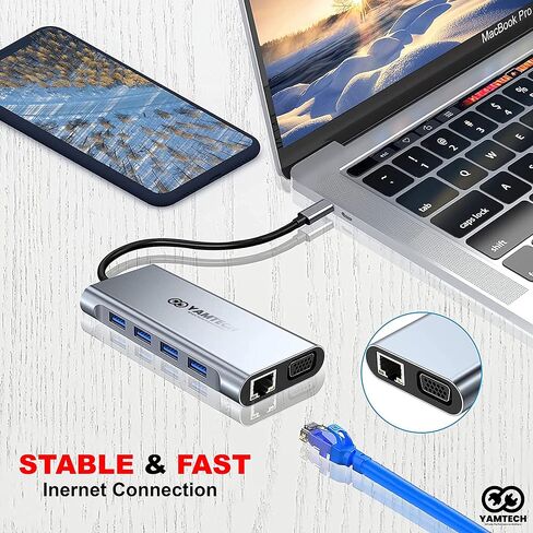 محطة إرساء مزدوجة الشاشة، YAMTECH 11 في 1 USB C محطة إرساء شاشة مزدوجة، محول شاشة مزدوج مع 4K، VGA، إيثرنت، 4USB، 100W PD، قاعدة USB C لجهاز MacBook Pro/Air HP Elitebook Lenovo Thinkpad in Saudi Arabia