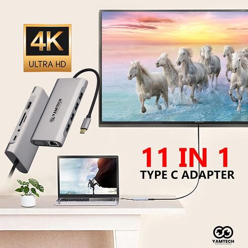 محطة إرساء مزدوجة الشاشة، YAMTECH 11 في 1 USB C محطة إرساء شاشة مزدوجة، محول شاشة مزدوج مع 4K، VGA، إيثرنت، 4USB، 100W PD، قاعدة USB C لجهاز MacBook Pro/Air HP Elitebook Lenovo Thinkpad in Saudi Arabia