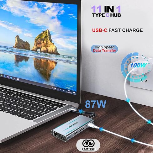 محطة إرساء مزدوجة الشاشة، YAMTECH 11 في 1 USB C محطة إرساء شاشة مزدوجة، محول شاشة مزدوج مع 4K، VGA، إيثرنت، 4USB، 100W PD، قاعدة USB C لجهاز MacBook Pro/Air HP Elitebook Lenovo Thinkpad in Saudi Arabia