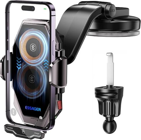 شاحن سيارة لاسلكي من ESSAGER، حامل هاتف سريع الشحن بقدرة 15 وات Qi لتركيب الهاتف في السيارة لهواتف iPhone 15 14 13 12 11 Pro Max Xs وSamsung Galaxy S24 Ultra S23 S22 S21 وS20 وS10+ in Kuwait