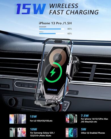 شاحن سيارة لاسلكي من ESSAGER، حامل هاتف سريع الشحن بقدرة 15 وات Qi لتركيب الهاتف في السيارة لهواتف iPhone 15 14 13 12 11 Pro Max Xs وSamsung Galaxy S24 Ultra S23 S22 S21 وS20 وS10+ in Kuwait