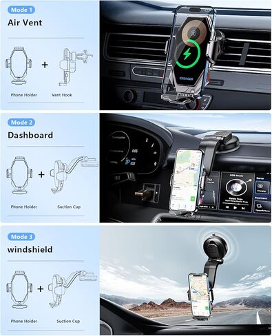 شاحن سيارة لاسلكي من ESSAGER، حامل هاتف سريع الشحن بقدرة 15 وات Qi لتركيب الهاتف في السيارة لهواتف iPhone 15 14 13 12 11 Pro Max Xs وSamsung Galaxy S24 Ultra S23 S22 S21 وS20 وS10+ in Kuwait