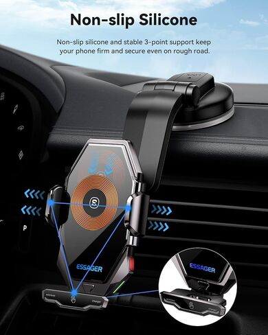 شاحن سيارة لاسلكي من ESSAGER، حامل هاتف سريع الشحن بقدرة 15 وات Qi لتركيب الهاتف في السيارة لهواتف iPhone 15 14 13 12 11 Pro Max Xs وSamsung Galaxy S24 Ultra S23 S22 S21 وS20 وS10+ in Kuwait