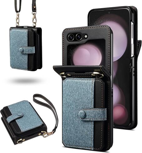 Phone Case for Samsung Galaxy Z Flip 5 5G 2023 Wallet Cover with Wrist Crossbody Wrist Strap Lanyard Card Holder Stand luxury leather Slim Shockproof Leather ZFlip5 Z5 G Flip5 5Z Women Men Blue in Saudi Arabia