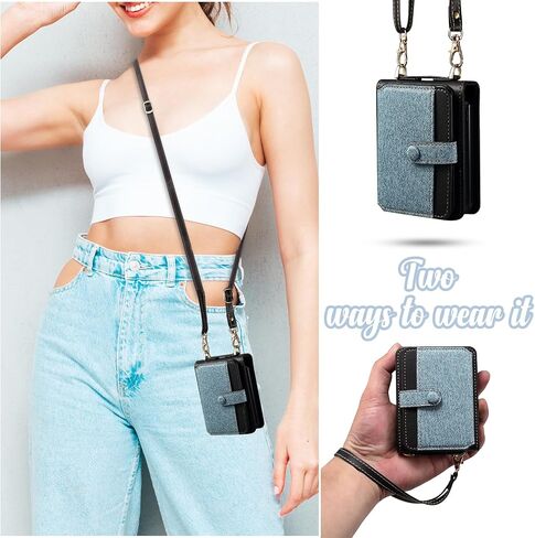 Phone Case for Samsung Galaxy Z Flip 5 5G 2023 Wallet Cover with Wrist Crossbody Wrist Strap Lanyard Card Holder Stand luxury leather Slim Shockproof Leather ZFlip5 Z5 G Flip5 5Z Women Men Blue in Saudi Arabia