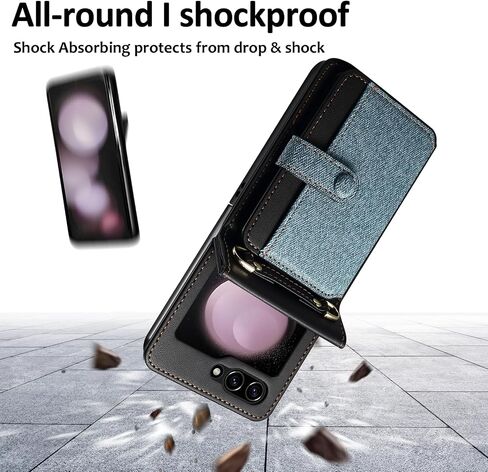 Phone Case for Samsung Galaxy Z Flip 5 5G 2023 Wallet Cover with Wrist Crossbody Wrist Strap Lanyard Card Holder Stand luxury leather Slim Shockproof Leather ZFlip5 Z5 G Flip5 5Z Women Men Blue in Saudi Arabia