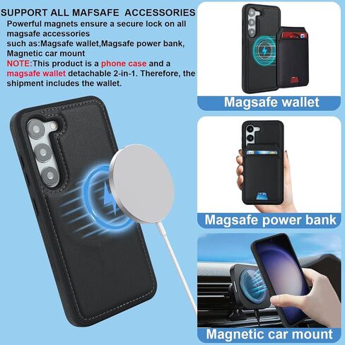 Samsung Galaxy S23 case with Credit Card Holder mag Safe, Galaxy S23 Phone Leather Case Wallet for Women Compatible mag Safe Wallet Detachable 2-in-1 for Men-Black in Saudi Arabia