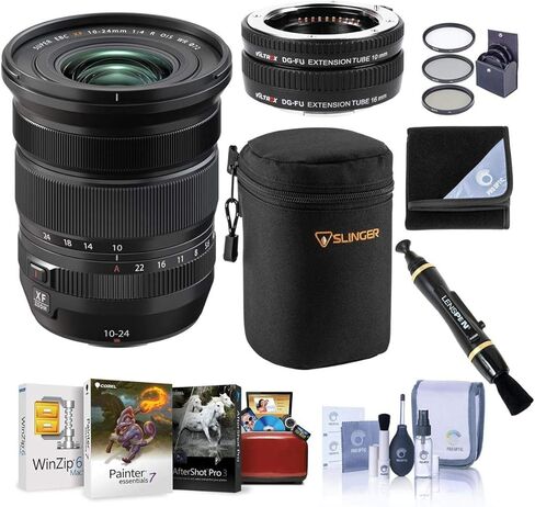 عدسة Fujifilm XF 10-24 مم f/4 R OIS WR، حزمة مع مجموعة أنبوب Viltrox DG-FU، طقم فلتر 72 مم، طقم تنظيف، علبة عدسة، غلاف عدسة، منظف عدسة، مجموعة برامج Mac in Kuwait