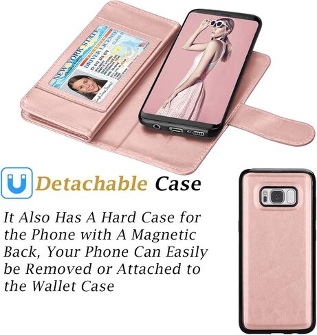 حافظة محفظة لهاتف سامسونج جالاكسي S8، حافظة سامسونج S8، حافظة محفظة من جلد البولي يوريثان، محفظة مغناطيسية قابلة للطي، مسند واقٍ مع 9 غطاء حامل بطاقات، حافظة قابلة للفصل لهاتف جالاكسي S8- ذهبي وردي in Saudi Arabia