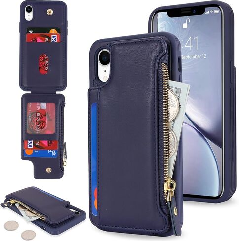 Cavor for iPhone Xr Case with Card Holder,iPhone Xr Wallet Case for Women Men,Phone Case iPhone Xr Case with Wallet,Leather Magnetic Clasp Zipper Pocket Card Slots Cover-Black in Saudi Arabia