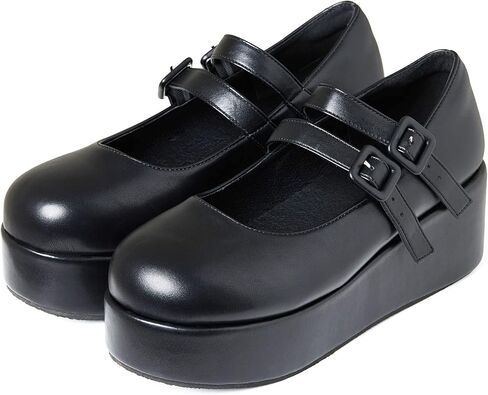 أحذية ماري جين ذات نعل سميك للنساء والفتيات، حزام للكاحل بمقدمة مستديرة، فستان موحد مكتنز، حذاء أوكسفورد أسود US7 in Kuwait