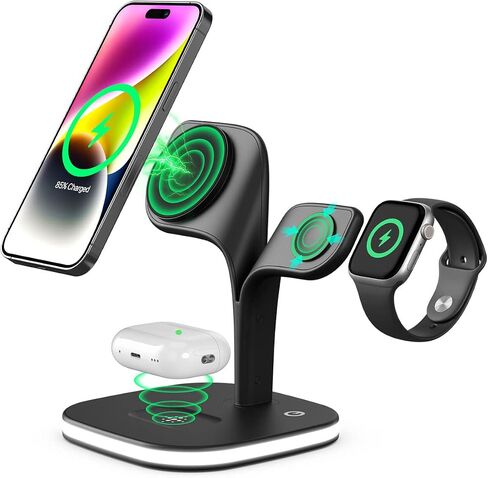 شاحن لاسلكي، قاعدة شحن مغناطيسية سريعة 15 وات 3 في 1، حامل شاحن لهاتف iPhone 14/13/12 Pro Max Mini وApple Watch SE/7/6/5/4/3/2 وAirpods 3/2/Pro مع مصباح LED ومنفذ USB (أسود) in Saudi Arabia