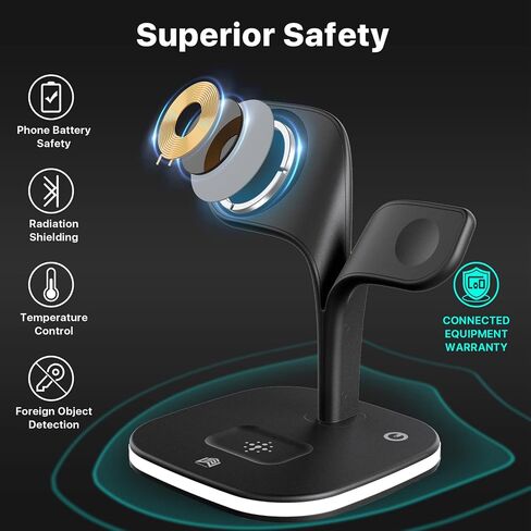 شاحن لاسلكي، قاعدة شحن مغناطيسية سريعة 15 وات 3 في 1، حامل شاحن لهاتف iPhone 14/13/12 Pro Max Mini وApple Watch SE/7/6/5/4/3/2 وAirpods 3/2/Pro مع مصباح LED ومنفذ USB (أسود) in Saudi Arabia