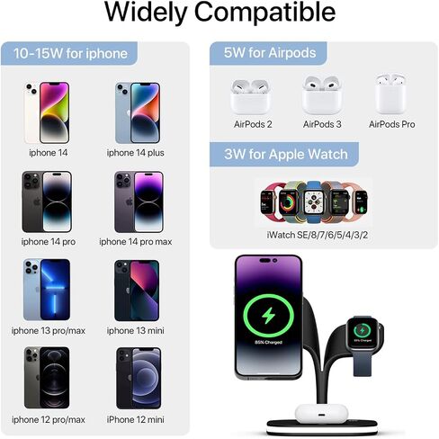شاحن لاسلكي، قاعدة شحن مغناطيسية سريعة 15 وات 3 في 1، حامل شاحن لهاتف iPhone 14/13/12 Pro Max Mini وApple Watch SE/7/6/5/4/3/2 وAirpods 3/2/Pro مع مصباح LED ومنفذ USB (أسود) in Saudi Arabia