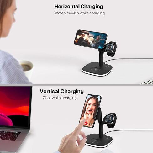 شاحن لاسلكي، قاعدة شحن مغناطيسية سريعة 15 وات 3 في 1، حامل شاحن لهاتف iPhone 14/13/12 Pro Max Mini وApple Watch SE/7/6/5/4/3/2 وAirpods 3/2/Pro مع مصباح LED ومنفذ USB (أسود) in Saudi Arabia