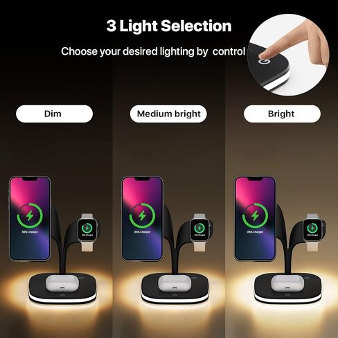 شاحن لاسلكي، قاعدة شحن مغناطيسية سريعة 15 وات 3 في 1، حامل شاحن لهاتف iPhone 14/13/12 Pro Max Mini وApple Watch SE/7/6/5/4/3/2 وAirpods 3/2/Pro مع مصباح LED ومنفذ USB (أسود) in Saudi Arabia