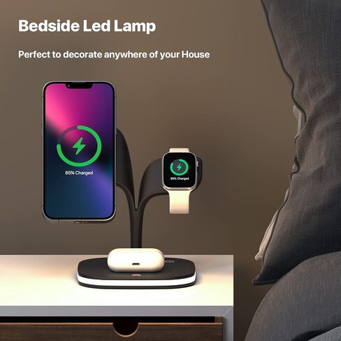 شاحن لاسلكي، قاعدة شحن مغناطيسية سريعة 15 وات 3 في 1، حامل شاحن لهاتف iPhone 14/13/12 Pro Max Mini وApple Watch SE/7/6/5/4/3/2 وAirpods 3/2/Pro مع مصباح LED ومنفذ USB (أسود) in Saudi Arabia