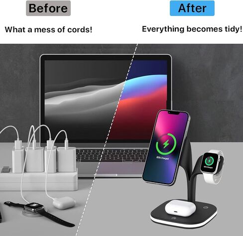 شاحن لاسلكي، قاعدة شحن مغناطيسية سريعة 15 وات 3 في 1، حامل شاحن لهاتف iPhone 14/13/12 Pro Max Mini وApple Watch SE/7/6/5/4/3/2 وAirpods 3/2/Pro مع مصباح LED ومنفذ USB (أسود) in Saudi Arabia