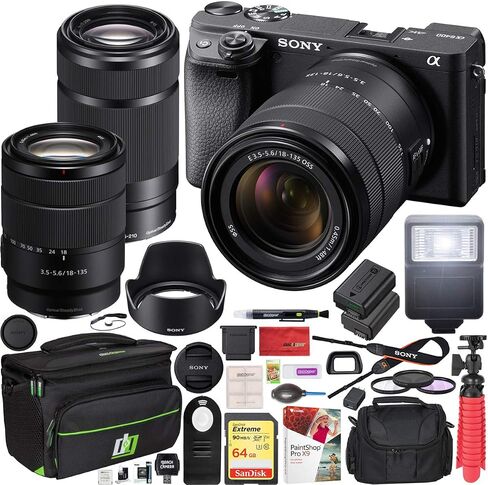 Sony a6400 4K Mirrorless Camera ILCE-6400M/B with 18-135mm F3.5-5.6 and 55-210mm F4.5-6.3 2 Lens Kit and Deco Gear Travel Case Filter Set Extra Battery Remote & Flash Bundle in Kuwait
