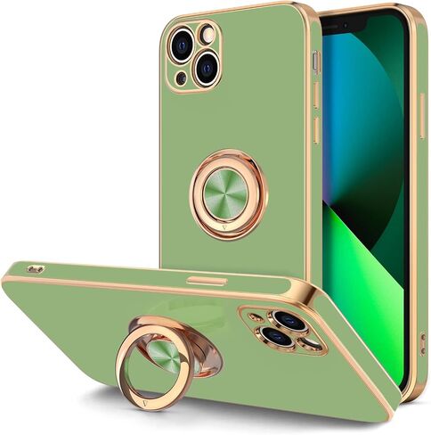 حافظة Hython لهاتف iPhone 13 مع حامل حلقي [حامل حلقي قابل للدوران 360 درجة ومسند مغناطيسي] [حافة مطلية باللون الذهبي الوردي] غطاء ناعم نحيف من مادة TPU حافظة هاتف واقية فاخرة للنساء والرجال، أبيض in Saudi Arabia