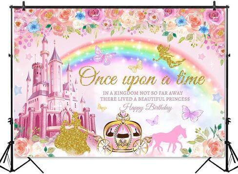 Mocsicka Princess Happy Birthday Backdrop Pink Royal Castle Carriage Floral Birthday Backdrop Princess Theme Girl Birthday Party Decorations Banner Photo Studio Props (5x3ft) in Saudi Arabia