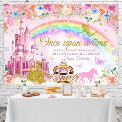 Mocsicka Princess Happy Birthday Backdrop Pink Royal Castle Carriage Floral Birthday Backdrop Princess Theme Girl Birthday Party Decorations Banner Photo Studio Props (5x3ft) in Saudi Arabia