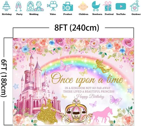 Mocsicka Princess Happy Birthday Backdrop Pink Royal Castle Carriage Floral Birthday Backdrop Princess Theme Girl Birthday Party Decorations Banner Photo Studio Props (5x3ft) in Saudi Arabia