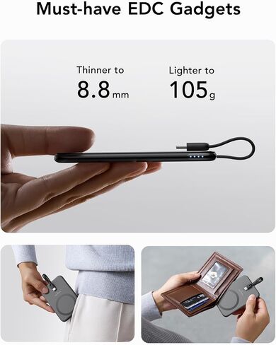 VEEKTOMX Slim Portable Charger, 5000mAh Lightweight Power Bank with Wired USB C Cable, Ultra Thin Battery Pack Compatible with iPhone 15/Plus/Pro/Pro Max/Samsung/Android(Non-Wireless Charging), Black in Saudi Arabia