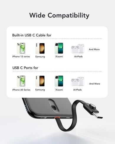 VEEKTOMX Slim Portable Charger, 5000mAh Lightweight Power Bank with Wired USB C Cable, Ultra Thin Battery Pack Compatible with iPhone 15/Plus/Pro/Pro Max/Samsung/Android(Non-Wireless Charging), Black in Saudi Arabia