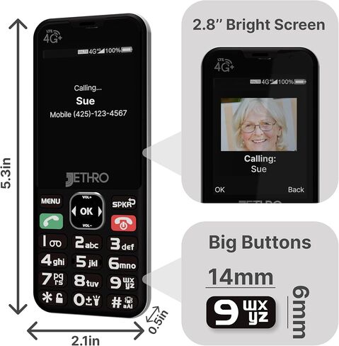 Jethro SC490 4G هاتف خلوي كبير غير مقفل، أزرار كبيرة، شاشة كبيرة، يتضمن قاعدة شحن ومحول بطاقة SIM، سهل الاستخدام لكبار السن والأطفال، معتمد من لجنة الاتصالات الفيدرالية/IC in Saudi Arabia
