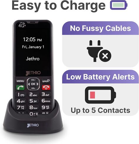 Jethro SC490 4G هاتف خلوي كبير غير مقفل، أزرار كبيرة، شاشة كبيرة، يتضمن قاعدة شحن ومحول بطاقة SIM، سهل الاستخدام لكبار السن والأطفال، معتمد من لجنة الاتصالات الفيدرالية/IC in Saudi Arabia