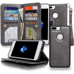 Navor Magnetic Detachable Wallet Case [RFID Protection] [10 Card Pockets] [3 Money Pockets] Compatible for iPhone 7 Plus JOOT-3L Series - Gray (IP7P3LGR)