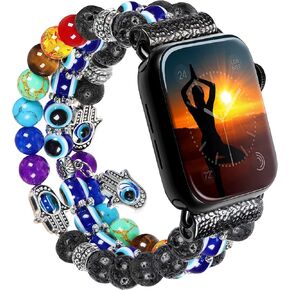 7 Chakra Healing Bracelet Lava Rock Protection Hamsa Hand Beaded Band Compatible with Apple Watch SE 6 5 4 3 2 1 iwatch 38mm 40mm 42mm 44mm with Stainless Steel Adapter