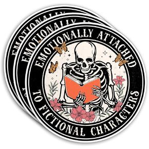 (3Pcs) Emotionally Attached To Fictional Characters Sticker Skeleton Reading Book Lover 2" Waterproof Die-Cut Vinyl Sticker Bookish Kindle Booktok Reader Smut Kindle Sticker Decal Stuff Gifts 2 Inches